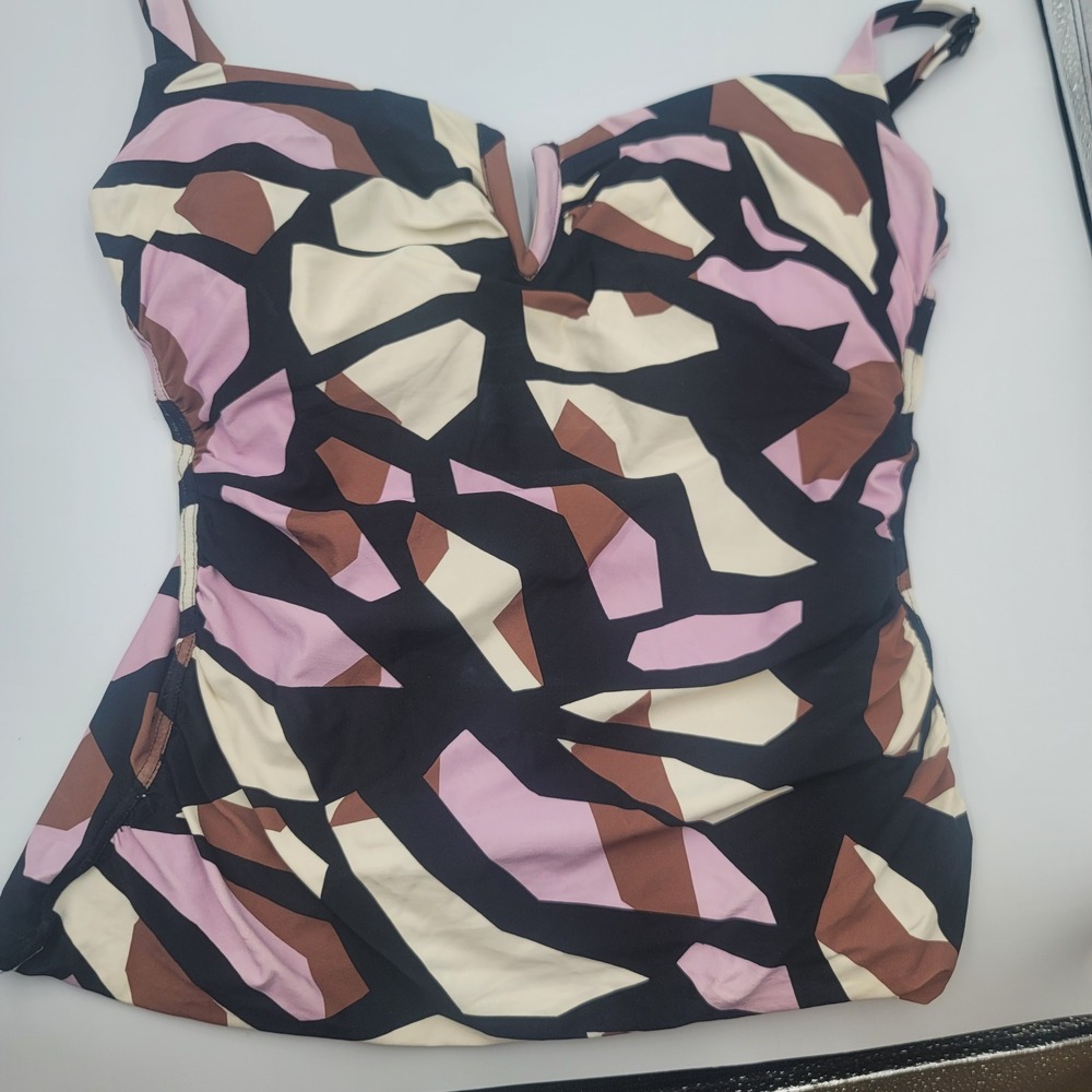 Soma Womens Swimwear Geometric Mosaic Print Tankini Top Black Pink Padded Size M